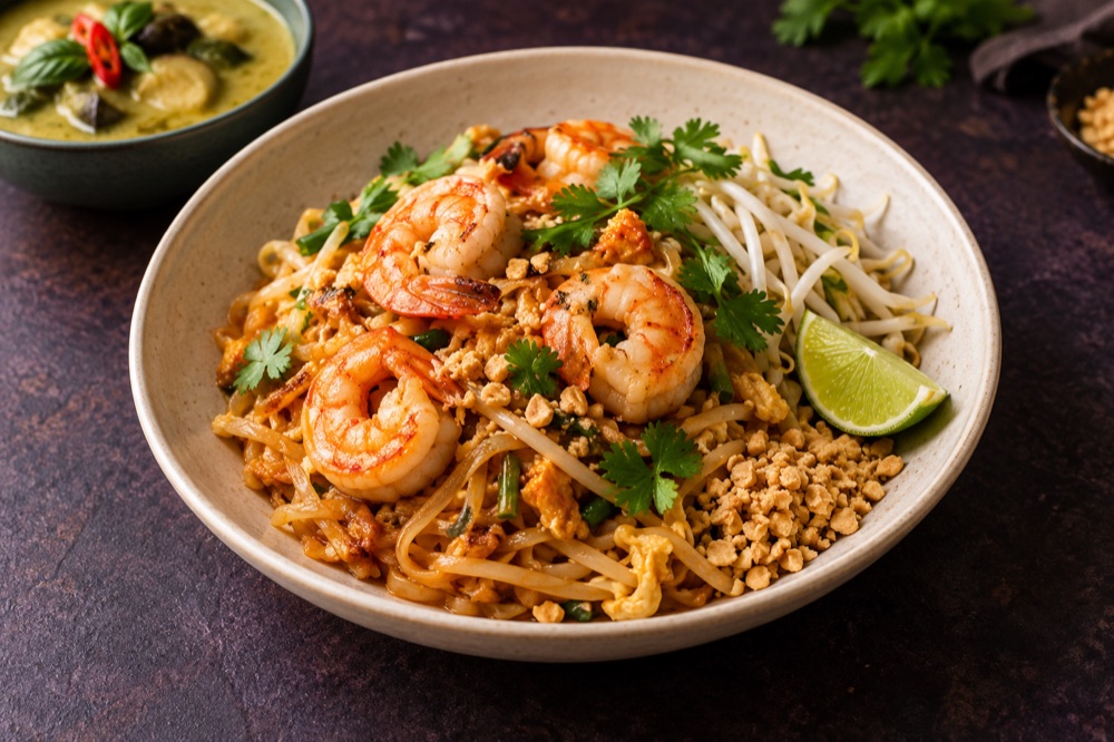Shrimp pad thai with rice noodles, fresh herbs, peanuts and lime, with green curry alongside.